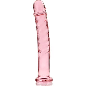 Vaaleanpunainen lasinen dildo Nebula Model 16 seisoo pystyssä valkoisella taustalla