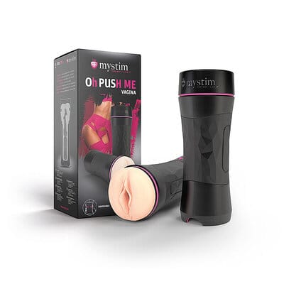 Mystim Oh PUSH ME -tekovagina ja tuotepakkaus, musta ulkokuori ja vaalea sisus – innovatiivinen masturbaattori intensiiviseen nautintoon