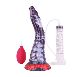 Kiotos Monstar SerpienteCock ejakuloiva fantasiadildo, pitkä ja kaareva muotoilu punaisella pohjalla ja mukana tuleva ejakulointipumppu.